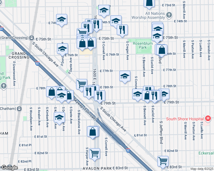 map of restaurants, bars, coffee shops, grocery stores, and more near 7738 South East End Avenue in Chicago