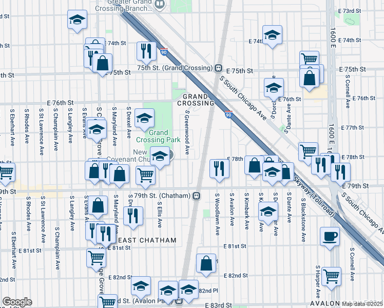 map of restaurants, bars, coffee shops, grocery stores, and more near 7725 South Greenwood Avenue in Chicago