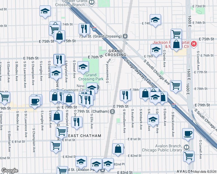 map of restaurants, bars, coffee shops, grocery stores, and more near 7728 South Greenwood Avenue in Chicago
