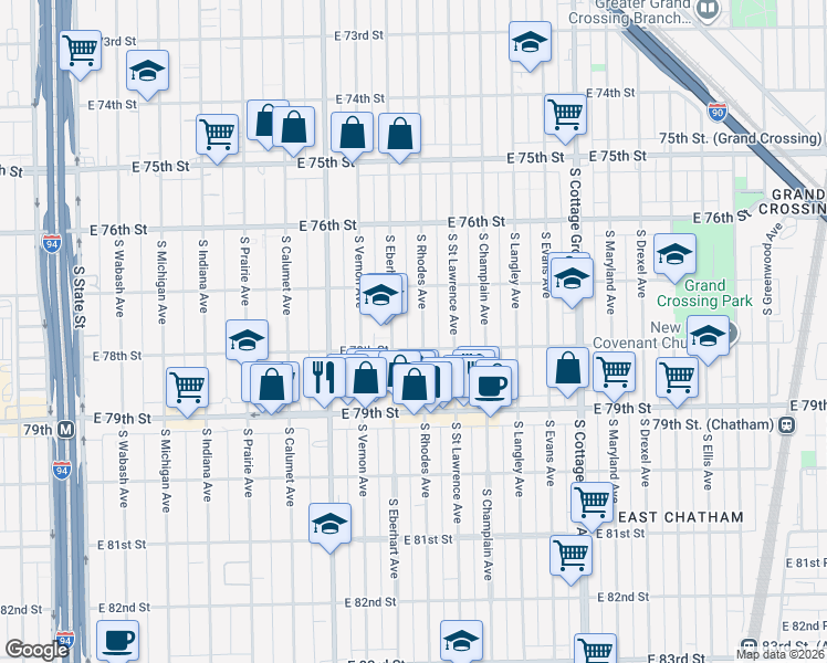 map of restaurants, bars, coffee shops, grocery stores, and more near 7731 South Eberhart Avenue in Chicago
