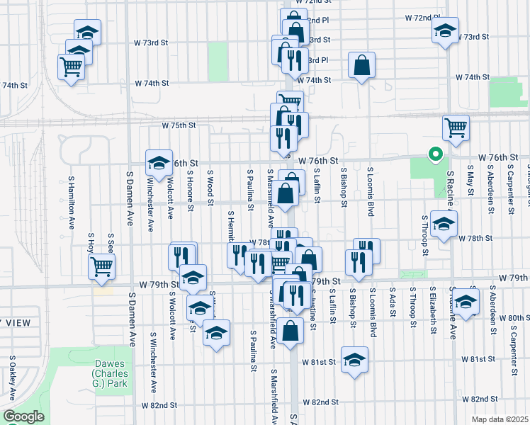 map of restaurants, bars, coffee shops, grocery stores, and more near 7657 South Marshfield Avenue in Chicago