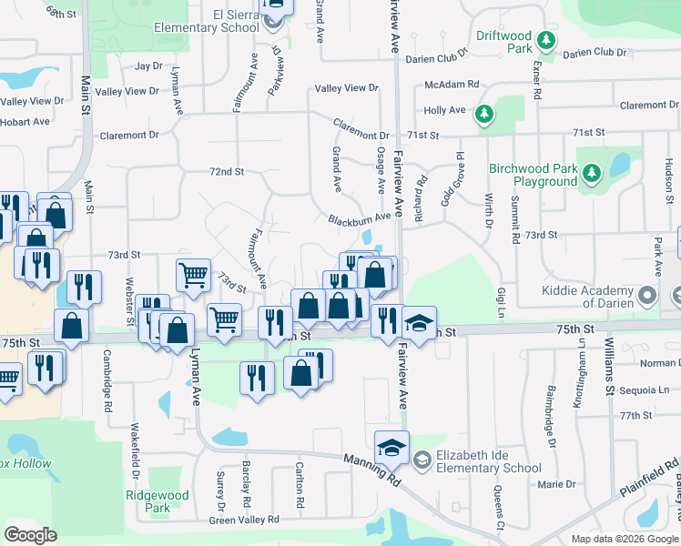 map of restaurants, bars, coffee shops, grocery stores, and more near 7363 73rd Street in Downers Grove