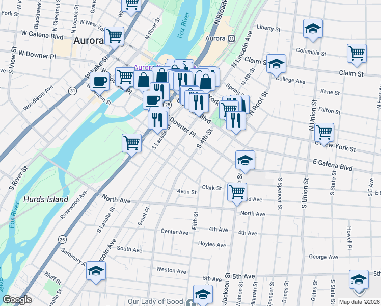 map of restaurants, bars, coffee shops, grocery stores, and more near 331 East Downer Place in Aurora