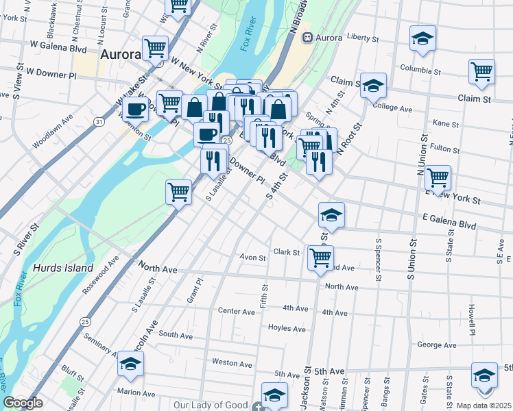 map of restaurants, bars, coffee shops, grocery stores, and more near 331 East Downer Place in Aurora