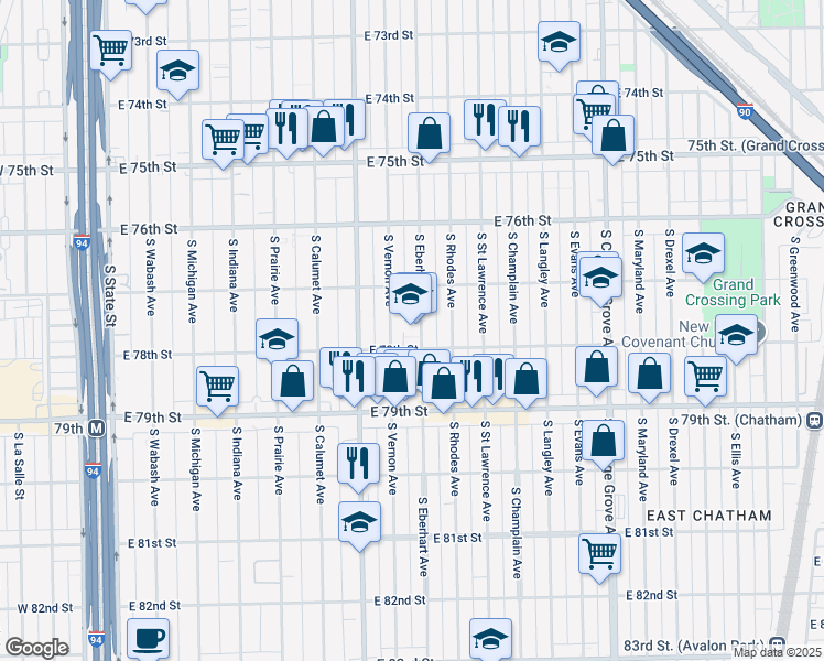 map of restaurants, bars, coffee shops, grocery stores, and more near 7740 South Eberhart Avenue in Chicago