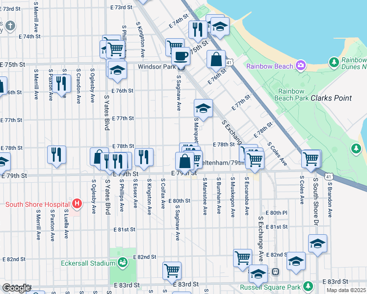 map of restaurants, bars, coffee shops, grocery stores, and more near 7801 South Saginaw Avenue in Chicago