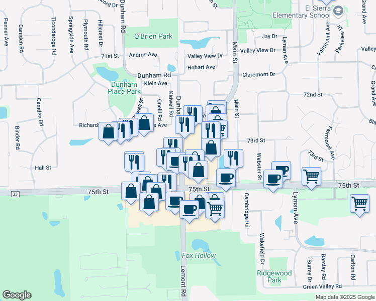 map of restaurants, bars, coffee shops, grocery stores, and more near 7301 Lemont Road in Downers Grove