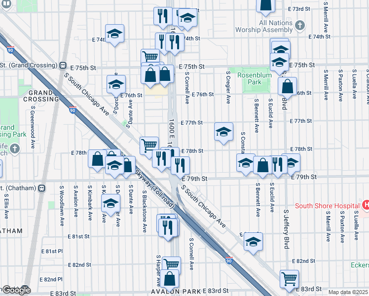 map of restaurants, bars, coffee shops, grocery stores, and more near 7752 South Cornell Avenue in Chicago