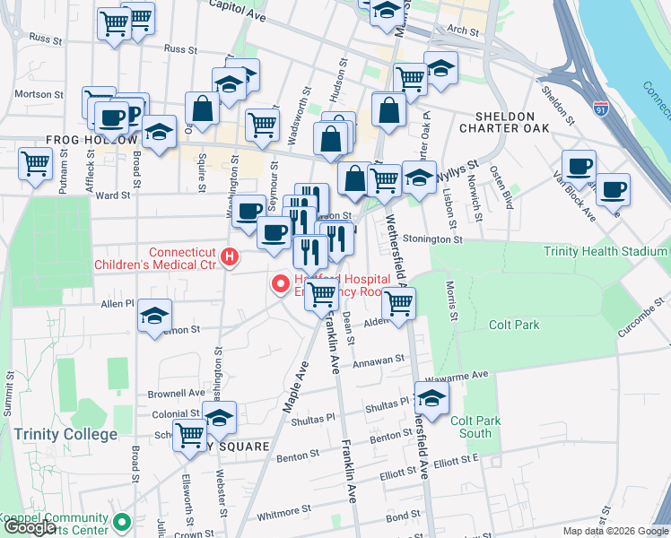 map of restaurants, bars, coffee shops, grocery stores, and more near 56 Retreat Avenue in Hartford