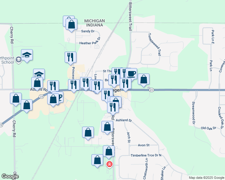 map of restaurants, bars, coffee shops, grocery stores, and more near in Granger