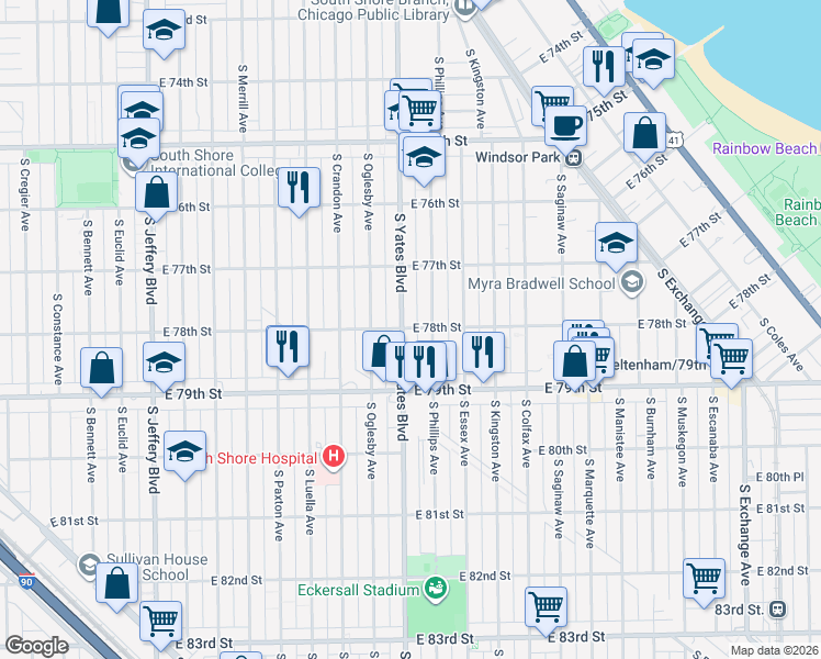 map of restaurants, bars, coffee shops, grocery stores, and more near 7742 South Phillips Avenue in Chicago