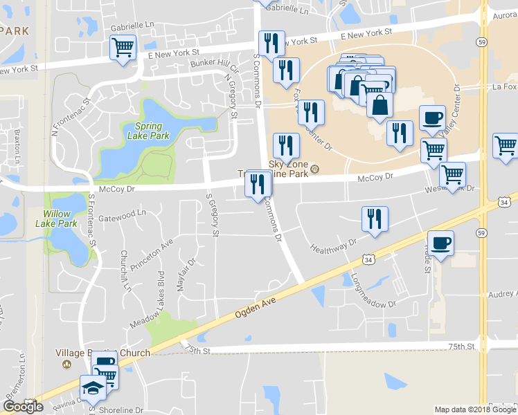 map of restaurants, bars, coffee shops, grocery stores, and more near 55 South Commons Drive in Aurora