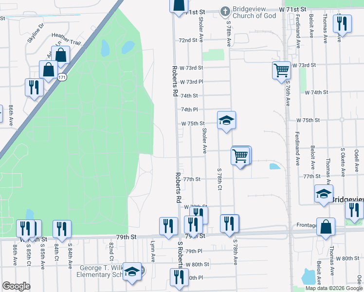 map of restaurants, bars, coffee shops, grocery stores, and more near 7539 Roberts Road in Bridgeview