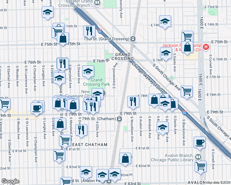 map of restaurants, bars, coffee shops, grocery stores, and more near 7728 South Greenwood Avenue in Chicago