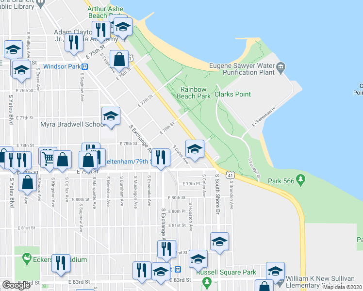 map of restaurants, bars, coffee shops, grocery stores, and more near 7849 South Coles Avenue in Chicago