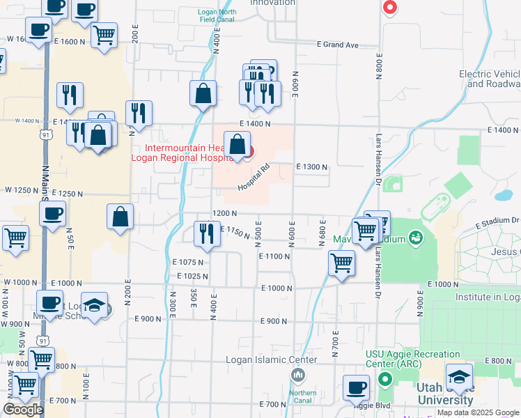 map of restaurants, bars, coffee shops, grocery stores, and more near 505 East 1200 North in Logan