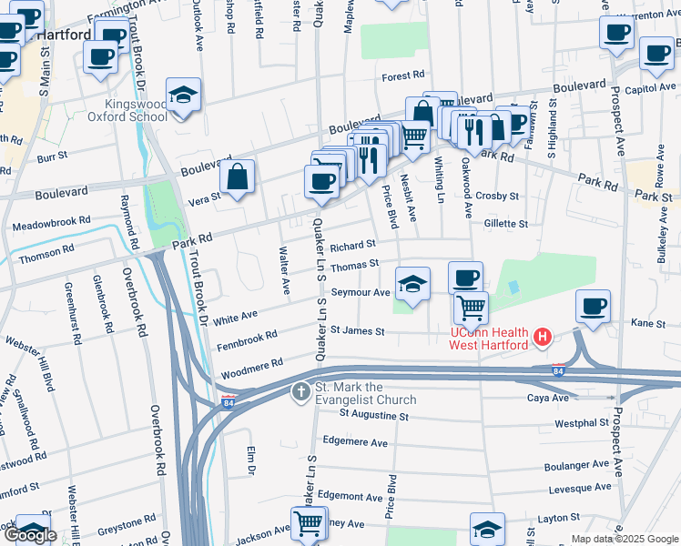 map of restaurants, bars, coffee shops, grocery stores, and more near 135 Thomas Street in West Hartford
