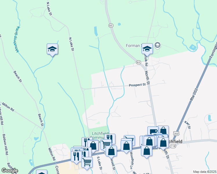 map of restaurants, bars, coffee shops, grocery stores, and more near Prospect Street in Litchfield