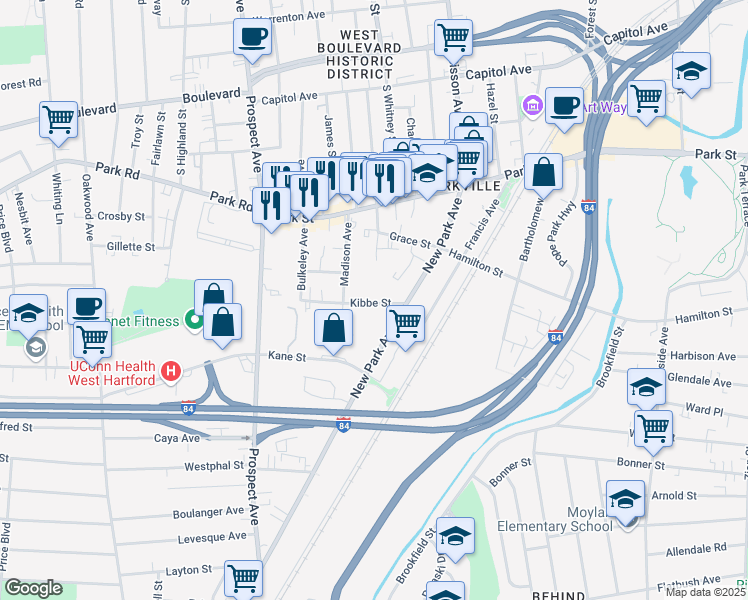 map of restaurants, bars, coffee shops, grocery stores, and more near 28 Kibbe Street in Hartford