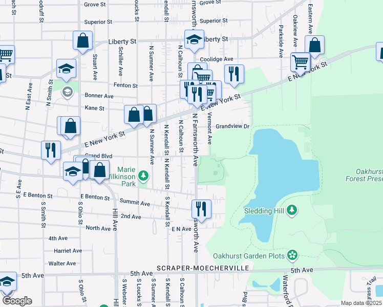 map of restaurants, bars, coffee shops, grocery stores, and more near 104 North Farnsworth Avenue in Aurora