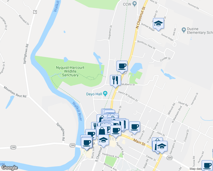 map of restaurants, bars, coffee shops, grocery stores, and more near 124 Huguenot Street in New Paltz