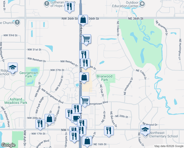 map of restaurants, bars, coffee shops, grocery stores, and more near 2702 Northeast Oak Drive in Ankeny