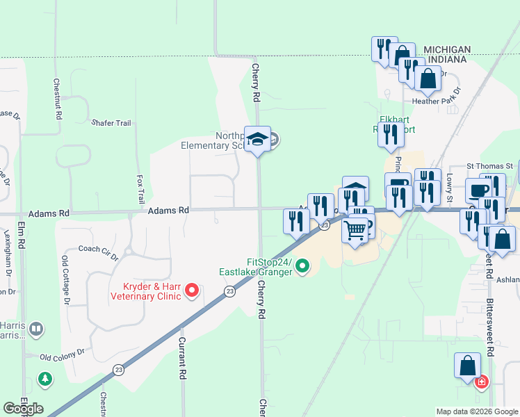 map of restaurants, bars, coffee shops, grocery stores, and more near 51000 Cherry Road in Granger