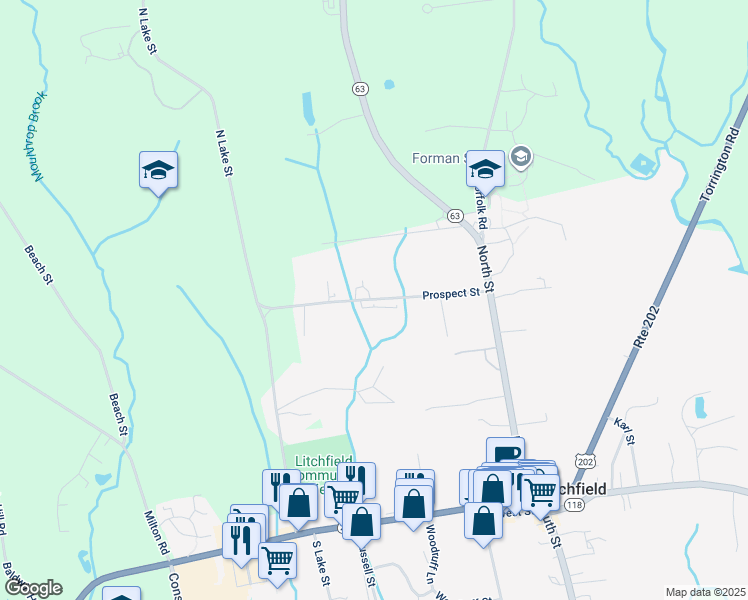 map of restaurants, bars, coffee shops, grocery stores, and more near Prospect Street in Litchfield
