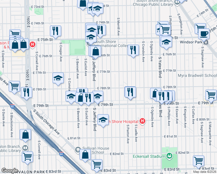 map of restaurants, bars, coffee shops, grocery stores, and more near 7741 South Chappel Avenue in Chicago