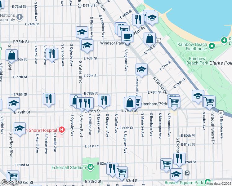 map of restaurants, bars, coffee shops, grocery stores, and more near East 78th Street & South Colfax Avenue in Chicago