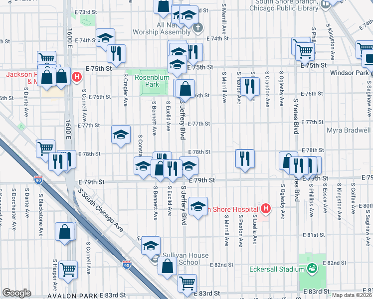 map of restaurants, bars, coffee shops, grocery stores, and more near 2002 East 78th Street in Chicago