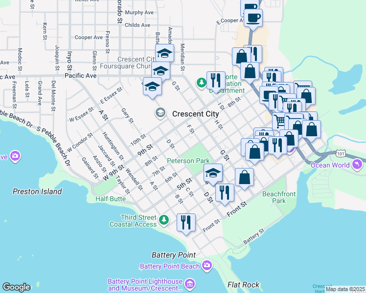 map of restaurants, bars, coffee shops, grocery stores, and more near 755 E Street in Crescent City