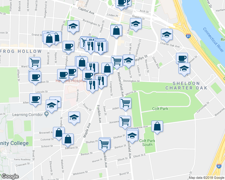 map of restaurants, bars, coffee shops, grocery stores, and more near 27 Congress Street in Hartford