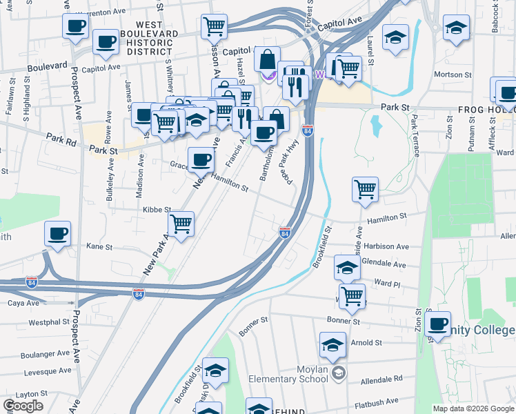 map of restaurants, bars, coffee shops, grocery stores, and more near 124 Bartholomew Avenue in Hartford
