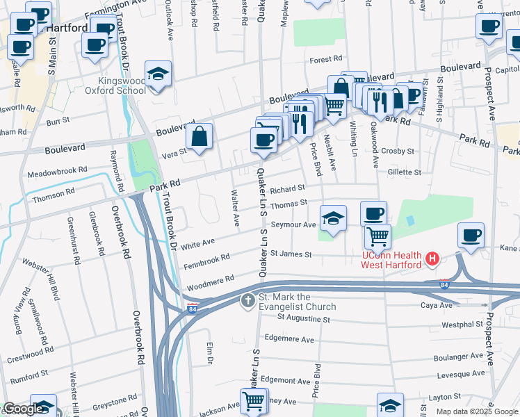 map of restaurants, bars, coffee shops, grocery stores, and more near 308 Quaker Lane South in West Hartford