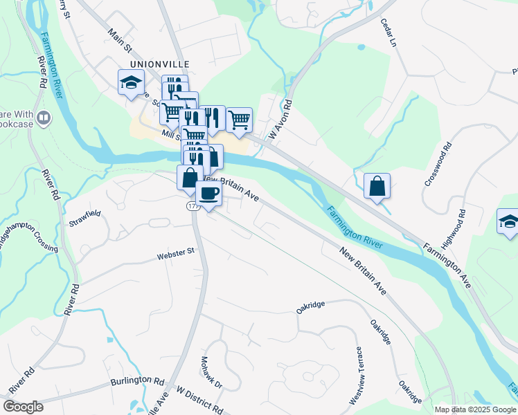 map of restaurants, bars, coffee shops, grocery stores, and more near 121 New Britain Avenue in Farmington