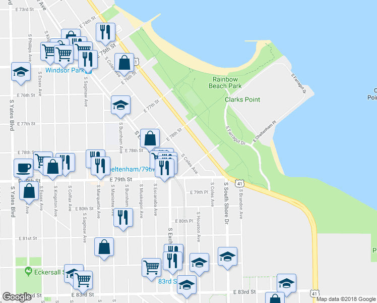 map of restaurants, bars, coffee shops, grocery stores, and more near 7825 South Coles Avenue in Chicago