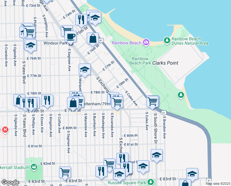 map of restaurants, bars, coffee shops, grocery stores, and more near 2921 East 78th Street in Chicago