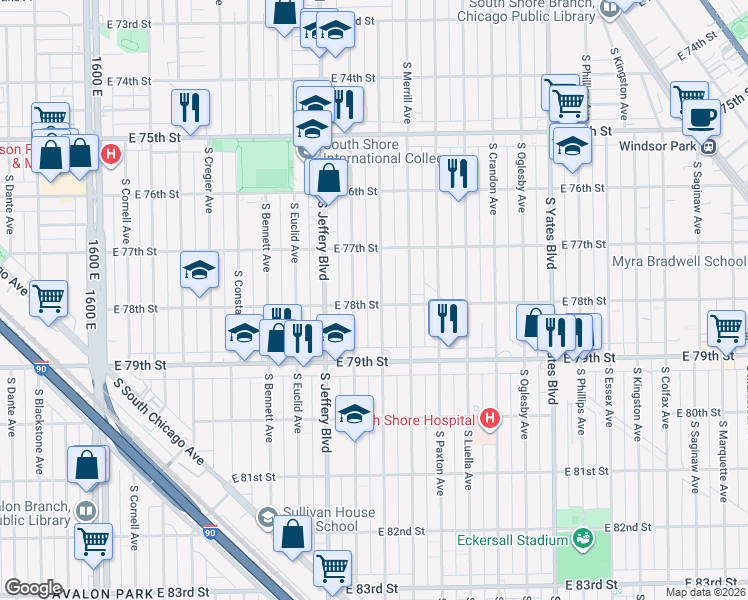 map of restaurants, bars, coffee shops, grocery stores, and more near 7741 South Chappel Avenue in Chicago
