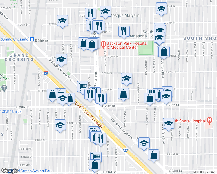 map of restaurants, bars, coffee shops, grocery stores, and more near 7736 South East End Avenue in Chicago