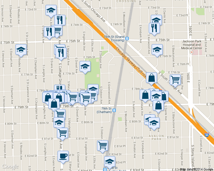 map of restaurants, bars, coffee shops, grocery stores, and more near 7728 South Greenwood Avenue in Chicago