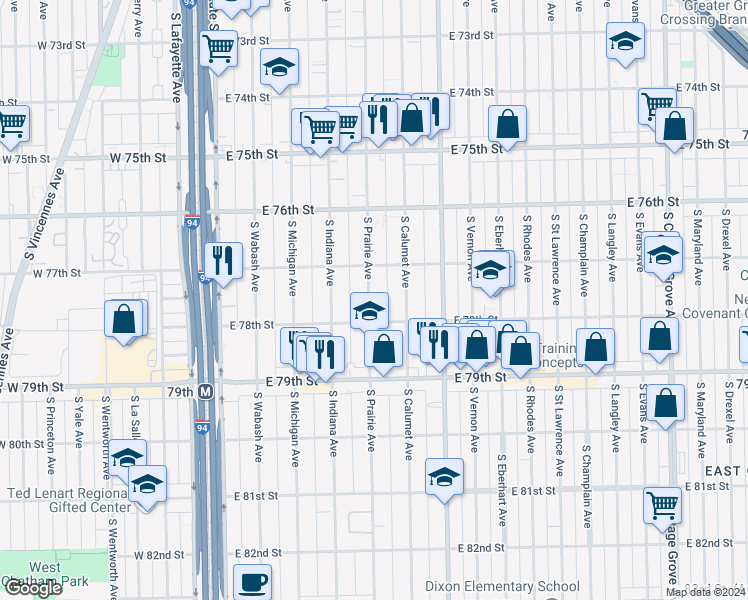 map of restaurants, bars, coffee shops, grocery stores, and more near 7723 South Prairie Avenue in Chicago