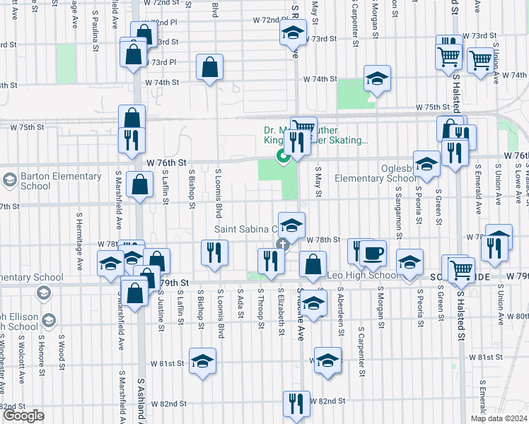 map of restaurants, bars, coffee shops, grocery stores, and more near 7700 South Throop Street in Chicago