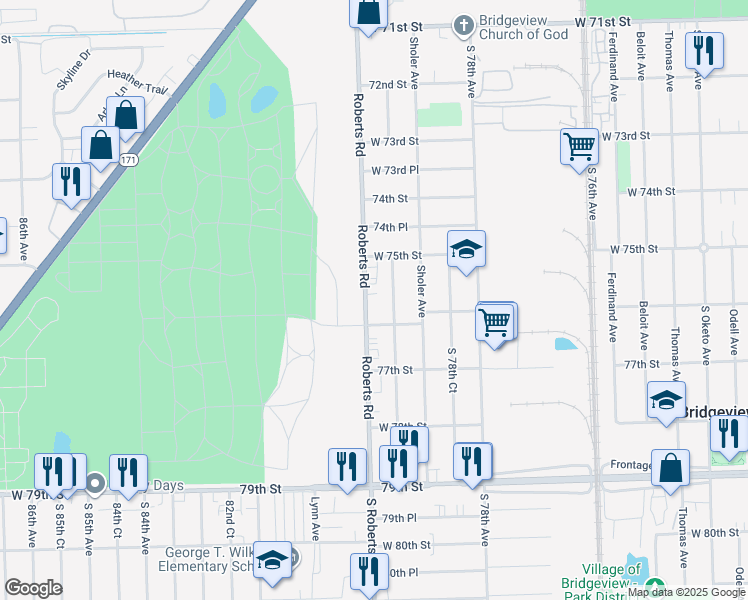 map of restaurants, bars, coffee shops, grocery stores, and more near 7539 Roberts Road in Bridgeview