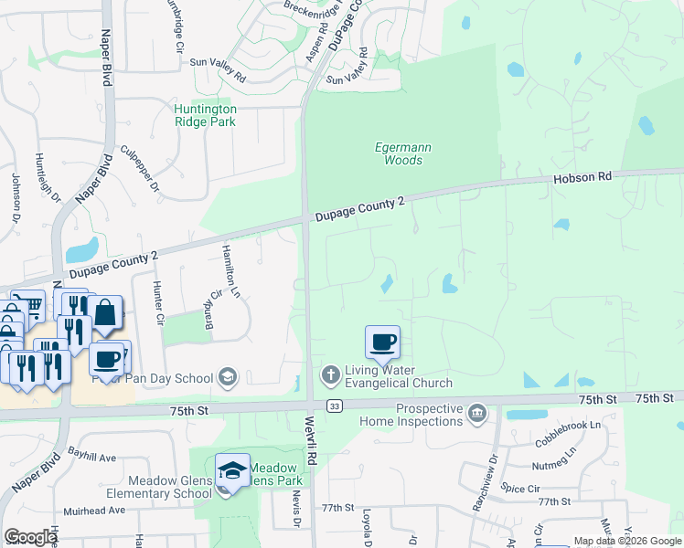map of restaurants, bars, coffee shops, grocery stores, and more near 1192 Black Stallion Drive in Naperville