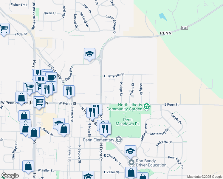 map of restaurants, bars, coffee shops, grocery stores, and more near 130 Jefferson Lane in North Liberty
