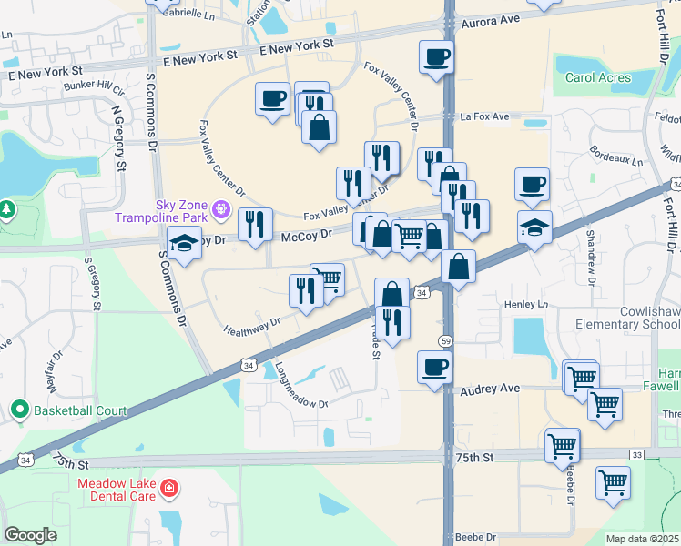 map of restaurants, bars, coffee shops, grocery stores, and more near 4255 Westbrook Drive in Aurora