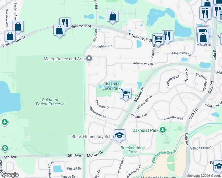 map of restaurants, bars, coffee shops, grocery stores, and more near 2270 Cheshire Drive in Aurora