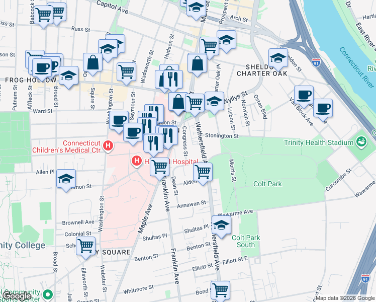 map of restaurants, bars, coffee shops, grocery stores, and more near 50 Congress Street in Hartford
