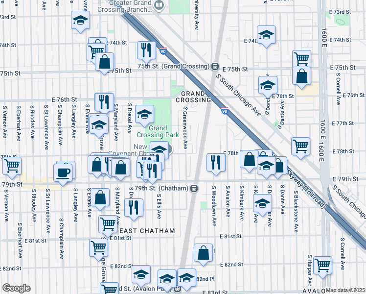 map of restaurants, bars, coffee shops, grocery stores, and more near 7746 South Greenwood Avenue in Chicago